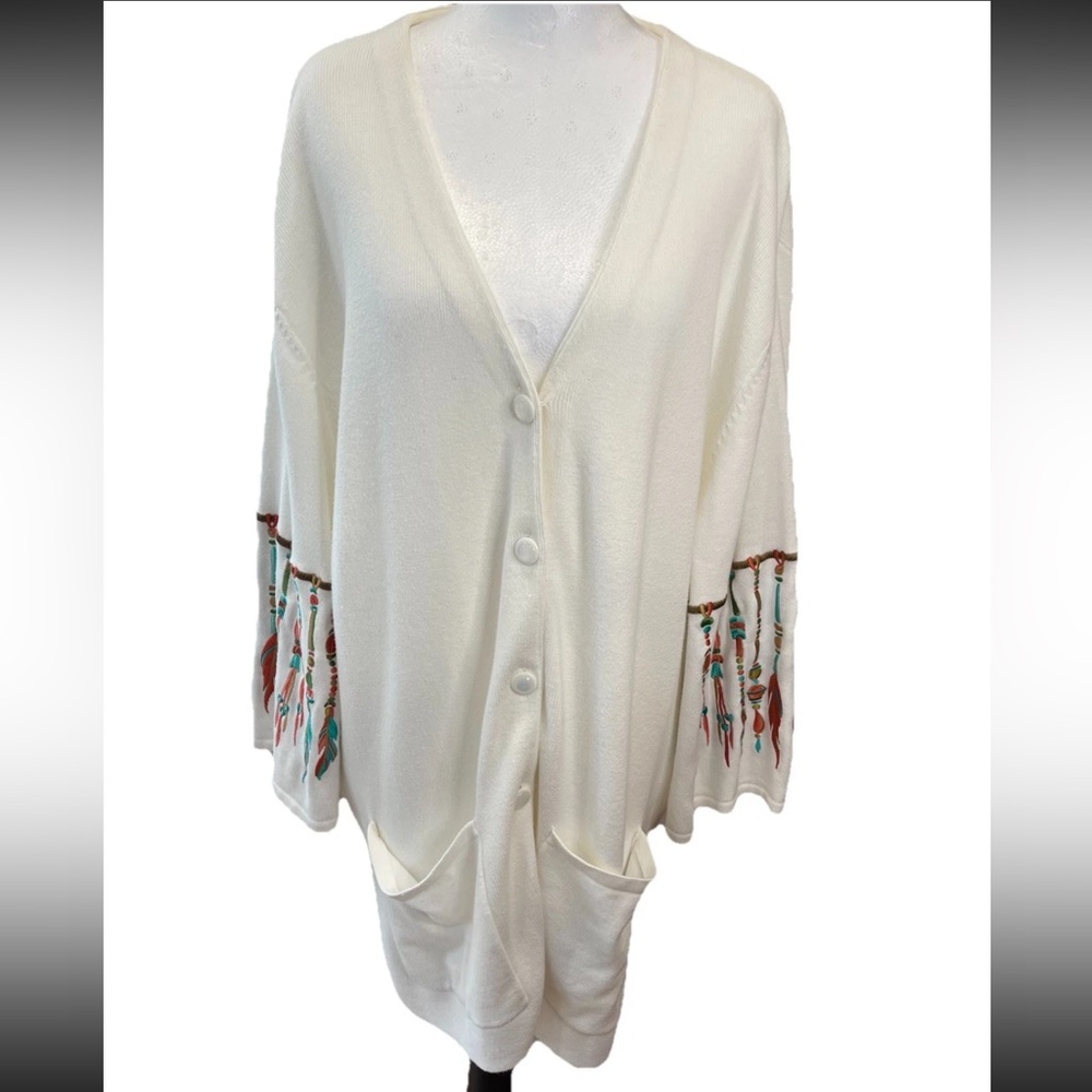 Bob Mackie Wearable Art white ladies cardigan sweater Aztec embroidery‎ size 1X